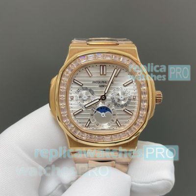Swiss Replica Patek Philippe 5740 Nautilus Rose Gold Diamond Moon Phase Watch 40mm 